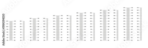 Stadiometer black scale from 50 to 120, 130, 140, 150, 160, 170 centimeters. Height meter template. Set of height charts growth sticker for wall. Markup for ruler mockup. Measuring scale layout.