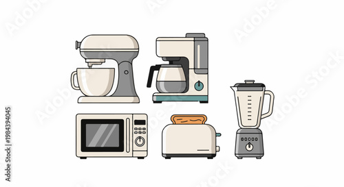 Assortment of kitchen appliances including a mixer, coffee maker, blender, microwave, and toaster