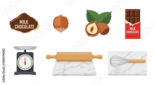 Chocolate and nut ingredients with baking tools for confectionery