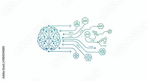 Digital brain with data connections and abstract symbols