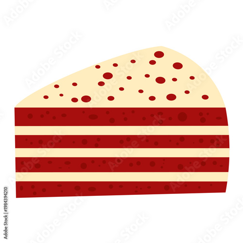 Slice of red velvet cake with cream layers and red crumbs on top. Dessert isolated on light background, representing bakery product, sweet food, and celebration treat.