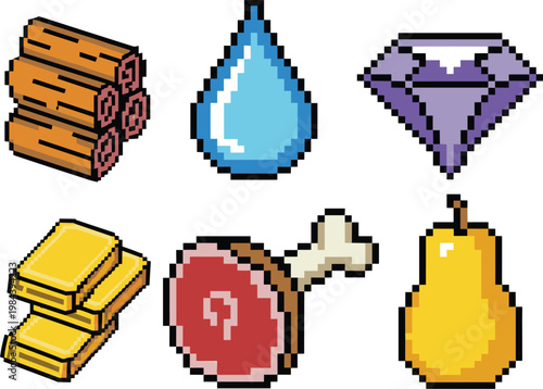 Pixel art game resources set, wood water gem gold meat fruit icons, retro 8bit vector illustration pack