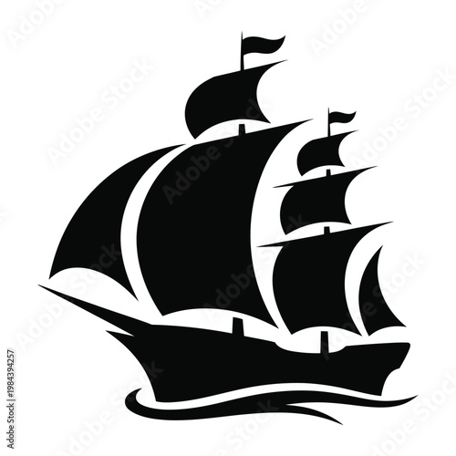 A striking black and white image of a classic sailing ship presented as a silhouette