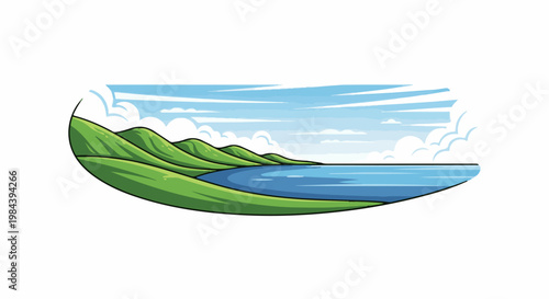 Lush green rolling hills meet a calm blue lake under a sky with clouds
