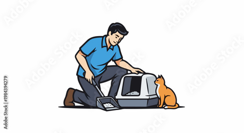 Man cleans cat litter box with orange cat watching