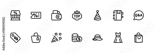 A minimal line icon set of shopping items designed for clean and simple UI, web and mobile applications, and general-purpose use.
