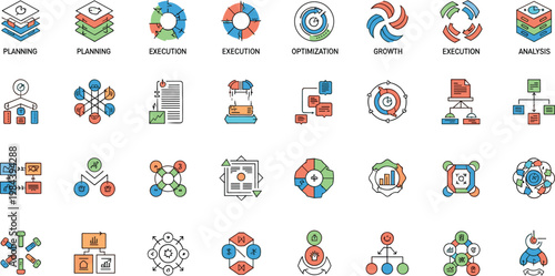 Business process and data analytics icon set with workflow, planning, execution and optimization concepts, modern flat vector collection isolated on transparent background