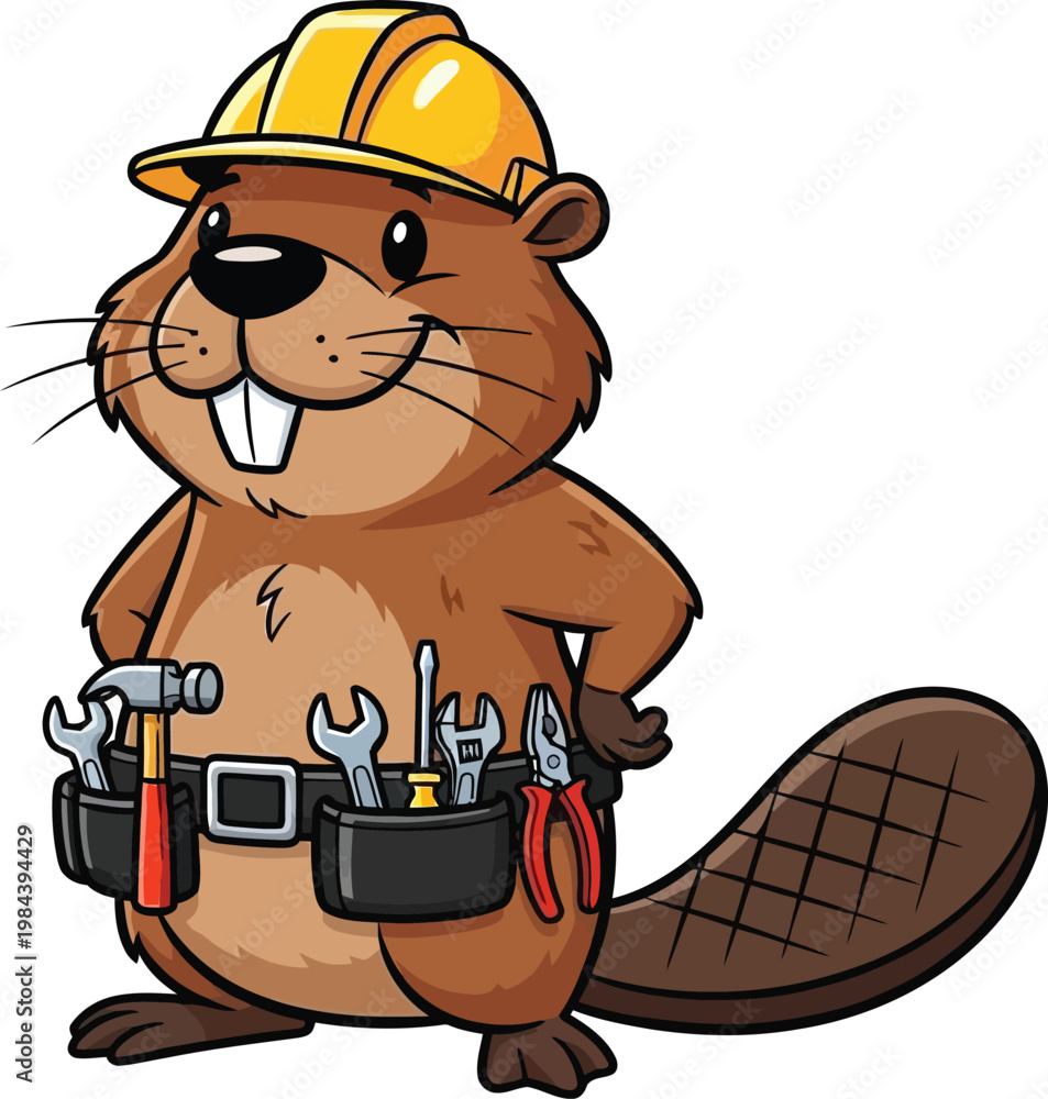 Naklejka premium Cartoon beaver wearing a construction hard hat and tool belt with construction character wildlife illustration building industry engineer architect craftsman handyman mechanic equipment