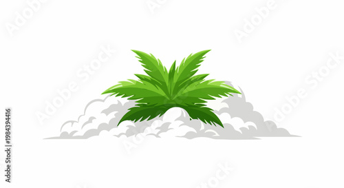 Lush green leaves sprout from fluffy white clouds against a stark background