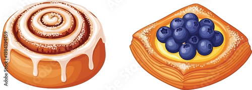 Delicious cinnamon roll and blueberry danish pastry with cinnamon blueberry breakfast delicious appetizing confectionery homemade isolated background collection