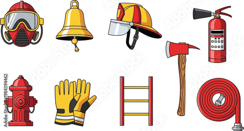 Collection of firefighter equipment and safety gear with firefighter equipment extinguisher protection emergency profession apparatus responders prevention industry collection illustration
