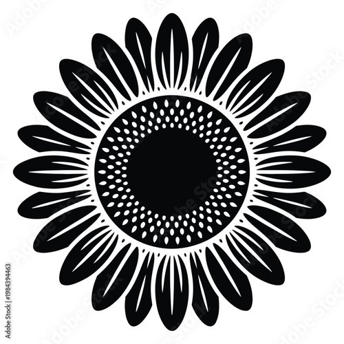 A striking black sunflower design with detailed petals and a central disc silhouette