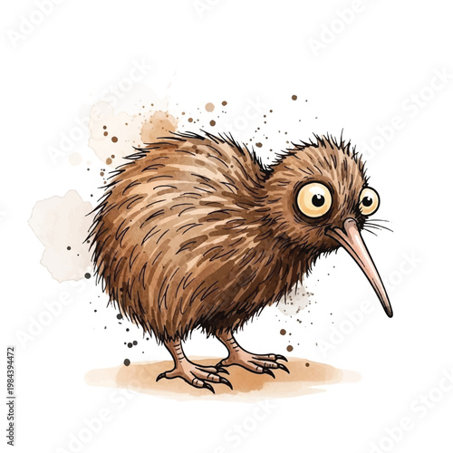 Brown fuzzy cartoon kiwi bird standing.