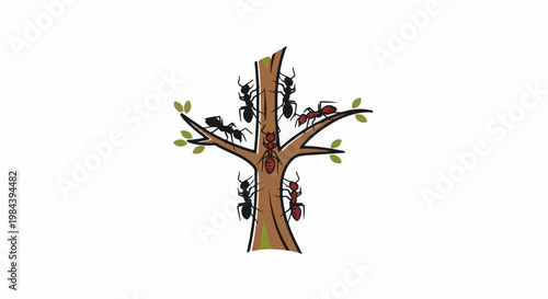 Cartoon ants crawl on a brown tree with green leaves