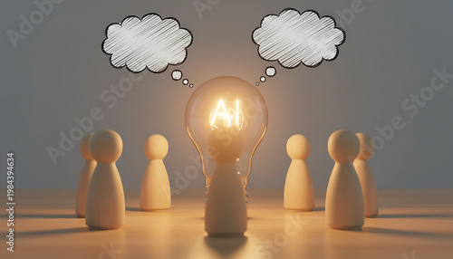 AI lightbulb illuminates wooden figures symbolizing innovation and Artificial Intelligence & Human Connection