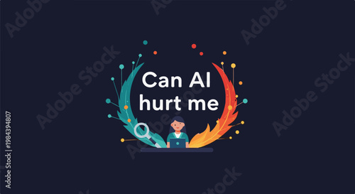 Question about artificial intelligence's potential harm, illustrated with a person at a laptop