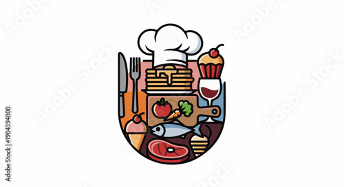 Collection of food items and chef's hat in a stylized emblem