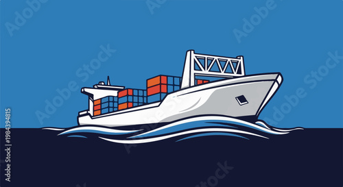 Large cargo ship with colorful containers sailing on blue ocean waves