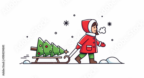 Child pulling a decorated Christmas tree on a sled through the snow