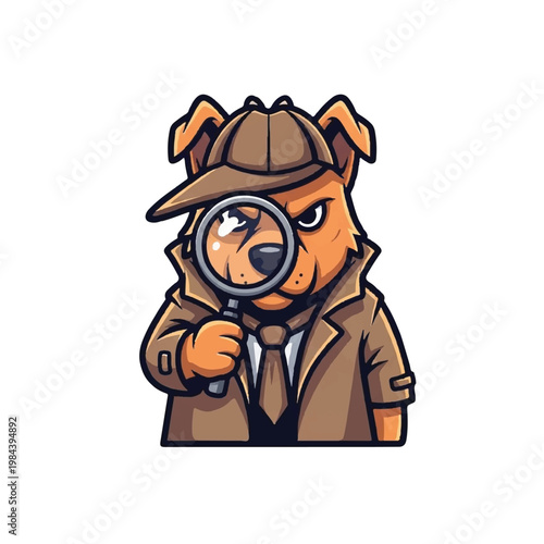 Cartoon bear detective with magnifying glass.