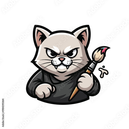 Cartoon cat holding paint brush angry.