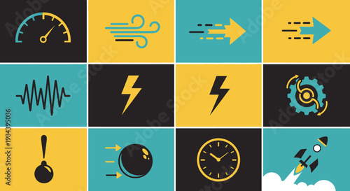 Energy, Speed, Power and Motion Icons: Speedometer, Wind, Arrow, Sound, Lightning, Gear