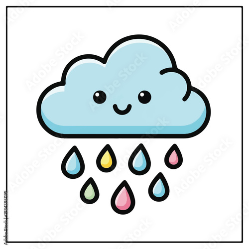 Cartoon Cloud with Raindrops Smiling Face.