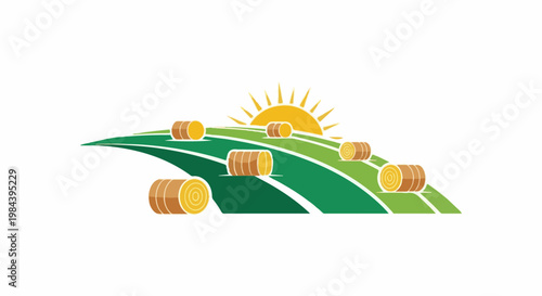 Rolling green fields with hay bales under a bright sun