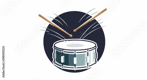 Drum with drumsticks, sound waves emanating from struck drum head