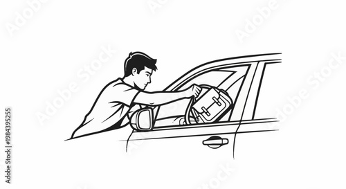 Man in t-shirt reaching into car to place bag on passenger seat