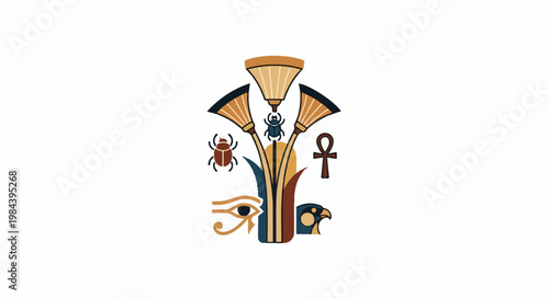 Ancient Egyptian symbols lotus, scarabs, eye, ankh, falcon