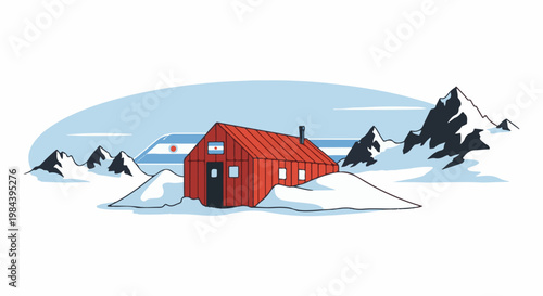 Rustic red cabin amidst snow-covered mountains with a flag flying