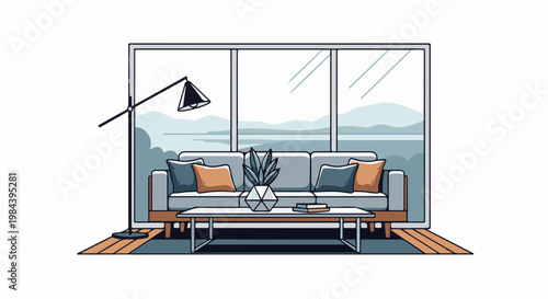 Modern living room with minimalist sofa, coffee table, and scenic view