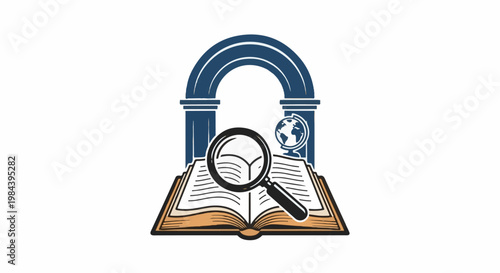 Open book, magnifying glass, globe, and archway symbolize knowledge and research