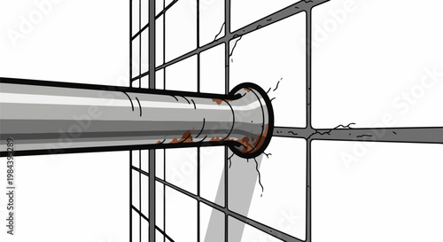 Rusty pipe emerges from a cracked grid structure