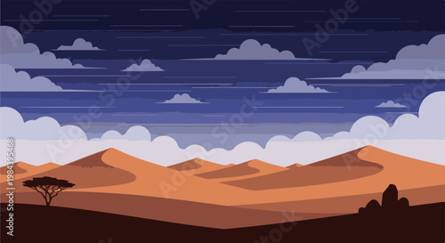 Pixel art desert landscape with sand dunes, sparse tree, and clouds