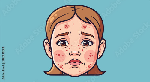 Cartoon girl's face with red acne blemishes and sad expression