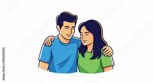 Cartoon illustration of a man and woman with arms around each other, smiling