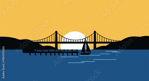 Silhouette of a suspension bridge and sailboat at sunset