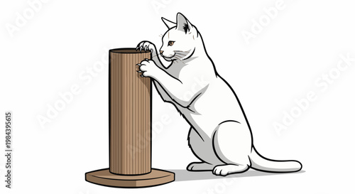 A white cat uses its claws on a scratching post