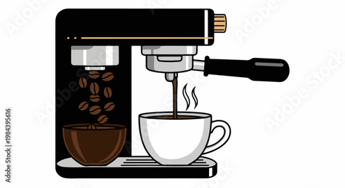 Espresso machine brewing hot coffee into a white cup, beans falling