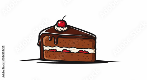 A slice of decadent chocolate cake layered with cream and fruit, topped with cherry