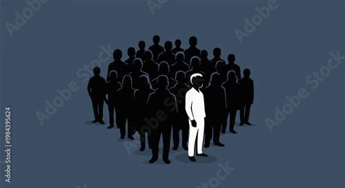 One person stands out in a crowd of silhouettes against a dark background