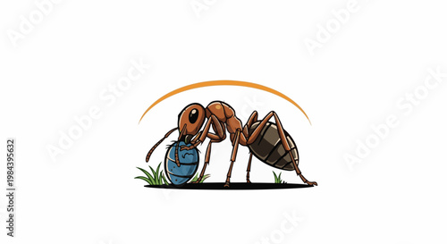 Cartoon ant carrying a blue oval object on grass under an arch