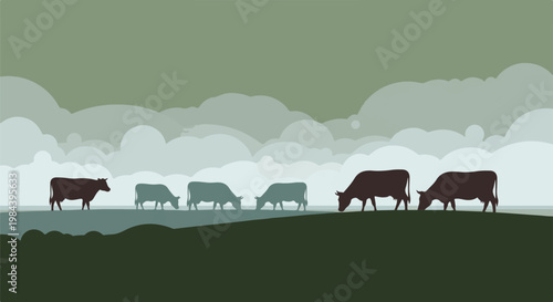 Silhouetted cows graze peacefully under a cloudy, muted sky