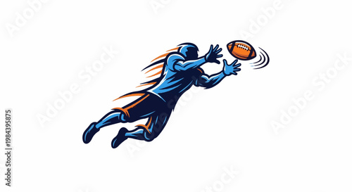 Dynamic blue and orange football player in mid-air, attempting a catch