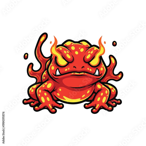 Cartoon red devil frog creature sitting.