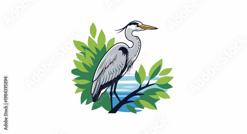 Elegant heron stands tall on a branch amidst vibrant green foliage by the water