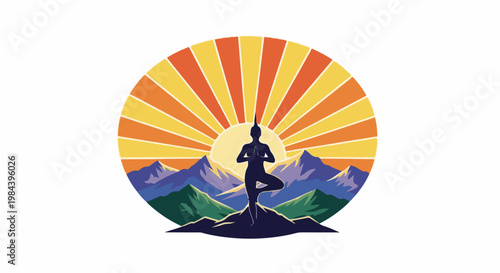 A silhouette of a person doing yoga in the tree pose on a mountain peak with a sunburst