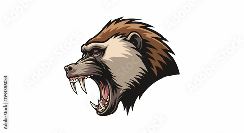 Fierce primate profile with sharp teeth and reddish eyes, open mouth